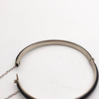 Sterling Silver Antique Pearl Set Black Enamel Mourning Style Hinged Bangle