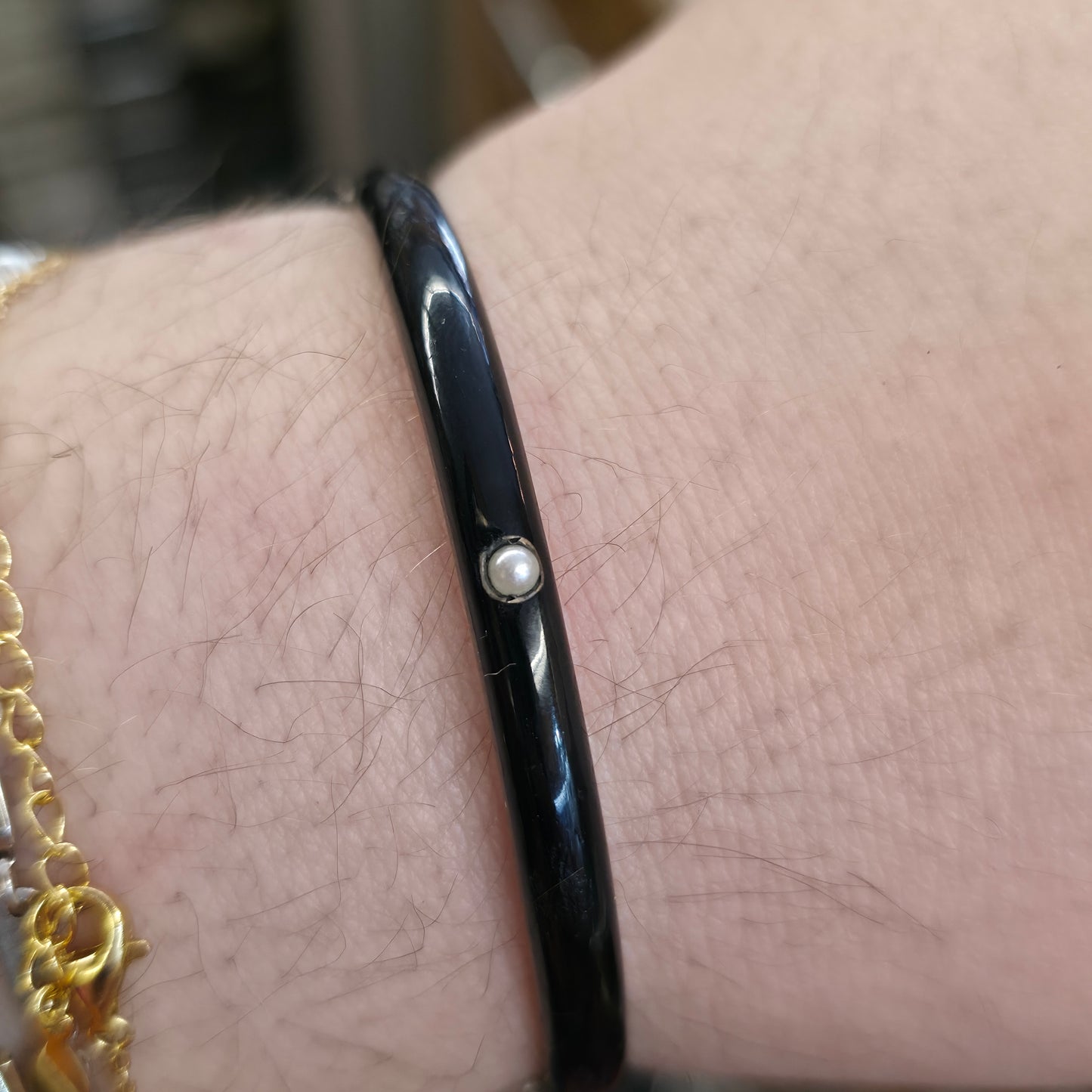 Sterling Silver Antique Pearl Set Black Enamel Mourning Style Hinged Bangle