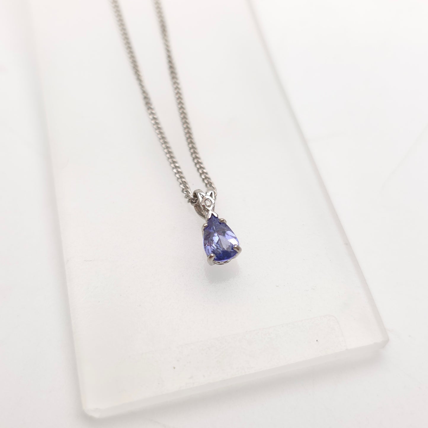 18ct White Gold Pear Cut Tanzanite And Diamond Pendant And Chain Necklace
