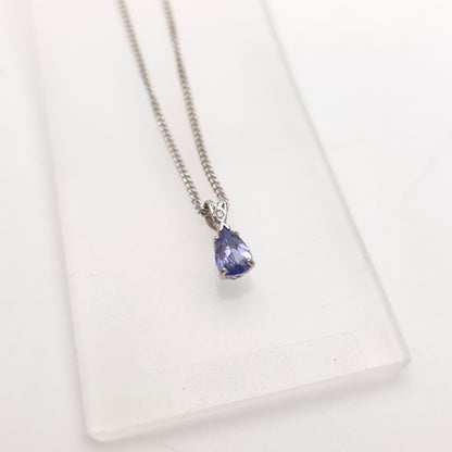 18ct White Gold Pear Cut Tanzanite And Diamond Pendant And Chain Necklace