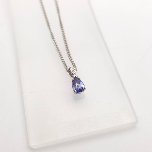 18ct White Gold Pear Cut Tanzanite And Diamond Pendant And Chain Necklace