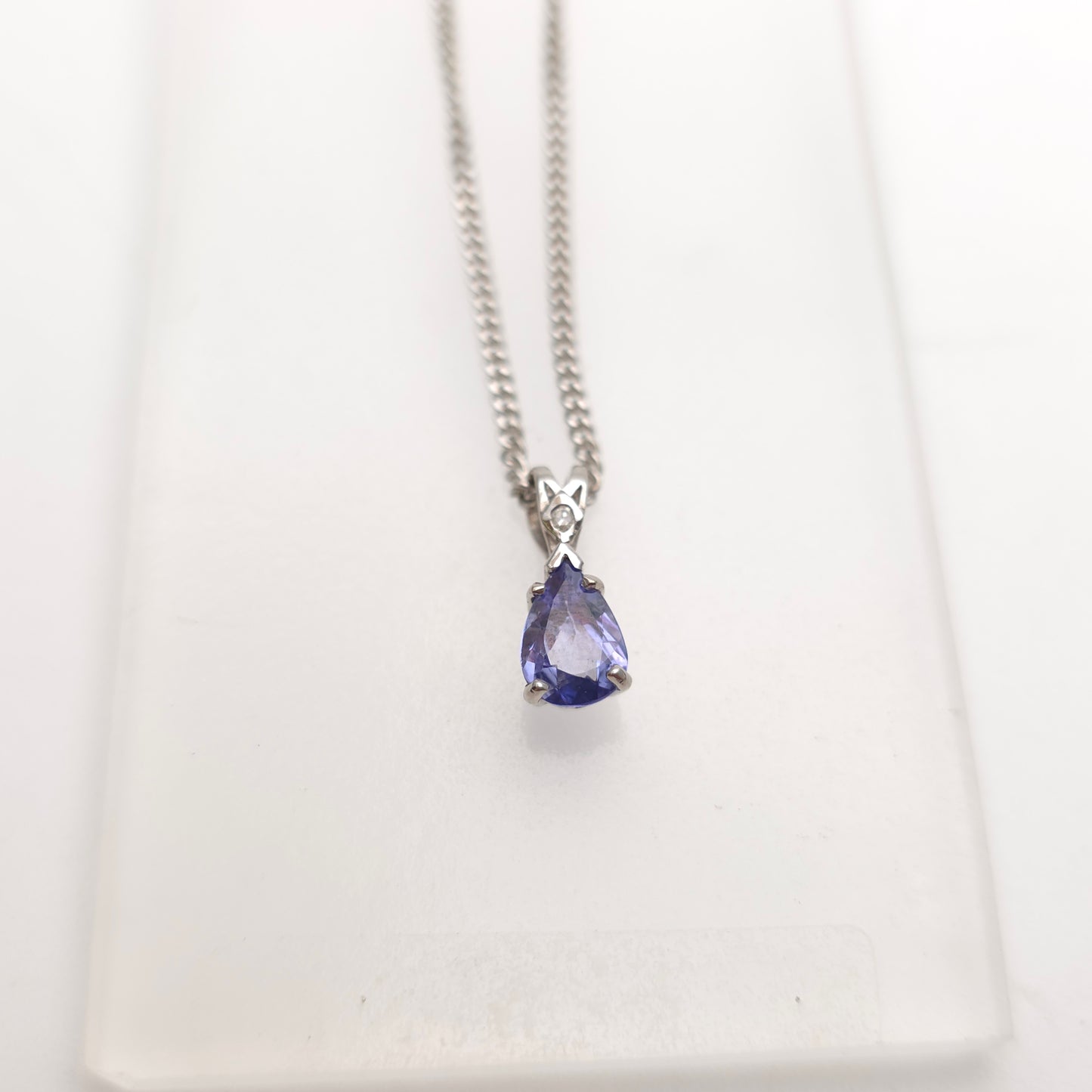 18ct White Gold Pear Cut Tanzanite And Diamond Pendant And Chain Necklace