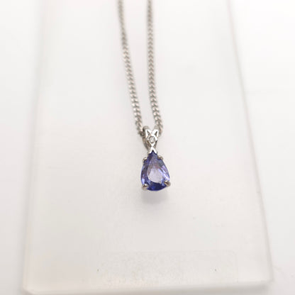 18ct White Gold Pear Cut Tanzanite And Diamond Pendant And Chain Necklace
