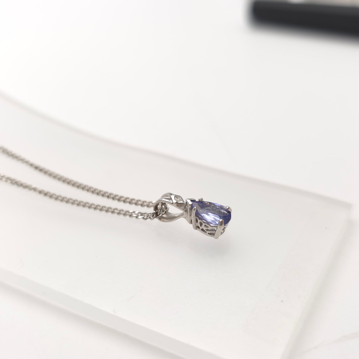 18ct White Gold Pear Cut Tanzanite And Diamond Pendant And Chain Necklace