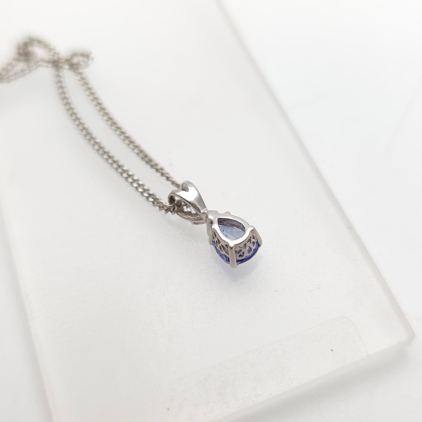 18ct White Gold Pear Cut Tanzanite And Diamond Pendant And Chain Necklace