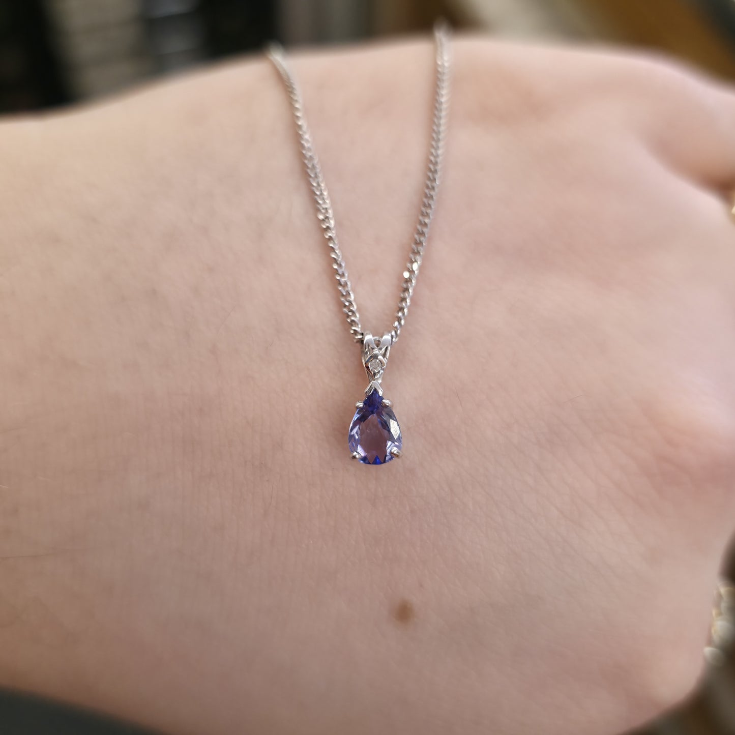18ct White Gold Pear Cut Tanzanite And Diamond Pendant And Chain Necklace