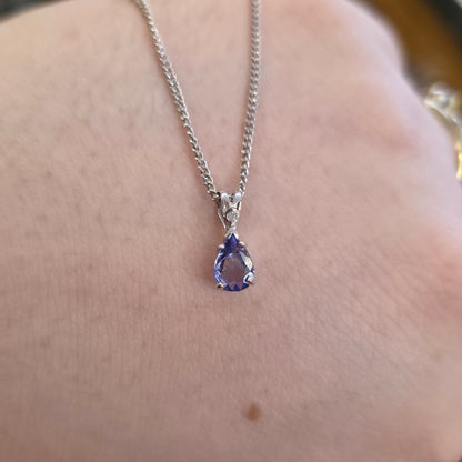 18ct White Gold Pear Cut Tanzanite And Diamond Pendant And Chain Necklace