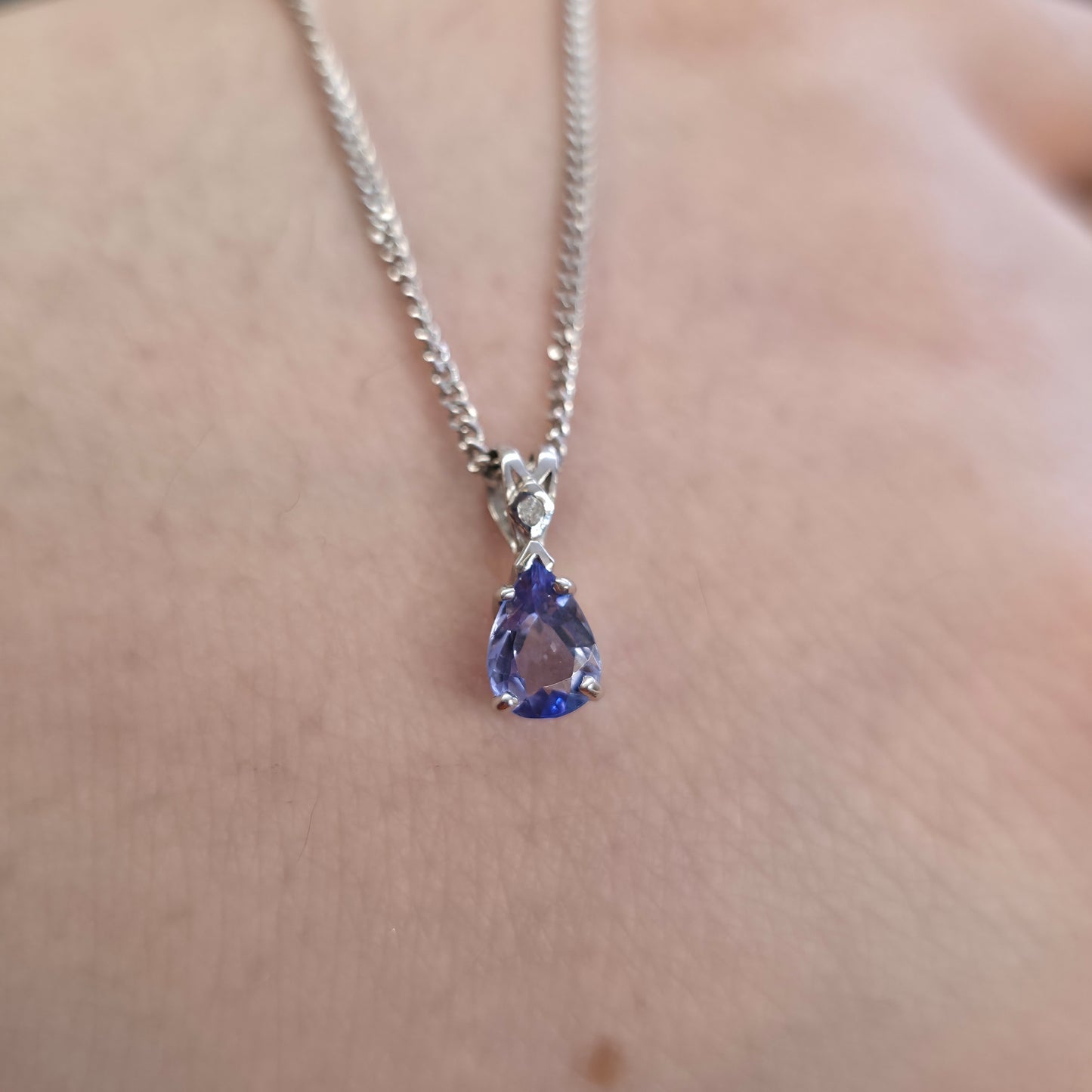 18ct White Gold Pear Cut Tanzanite And Diamond Pendant And Chain Necklace