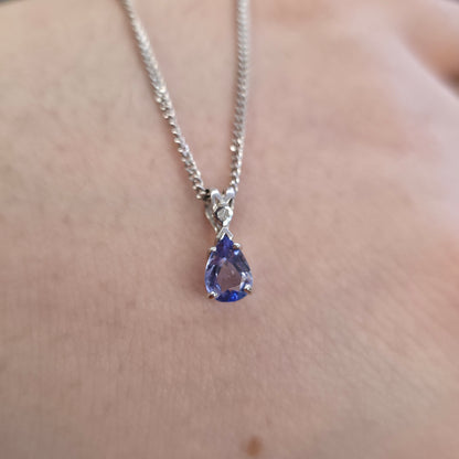 18ct White Gold Pear Cut Tanzanite And Diamond Pendant And Chain Necklace