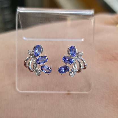 9ct White Gold Large Multigem Tanzanite And Diamond Spray Stud Earrings