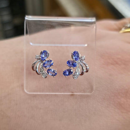 9ct White Gold Large Multigem Tanzanite And Diamond Spray Stud Earrings