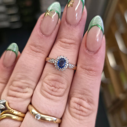 9ct Yellow Gold Vintage Sapphire And Diamond Cluster With Diamond Shoulder Ring