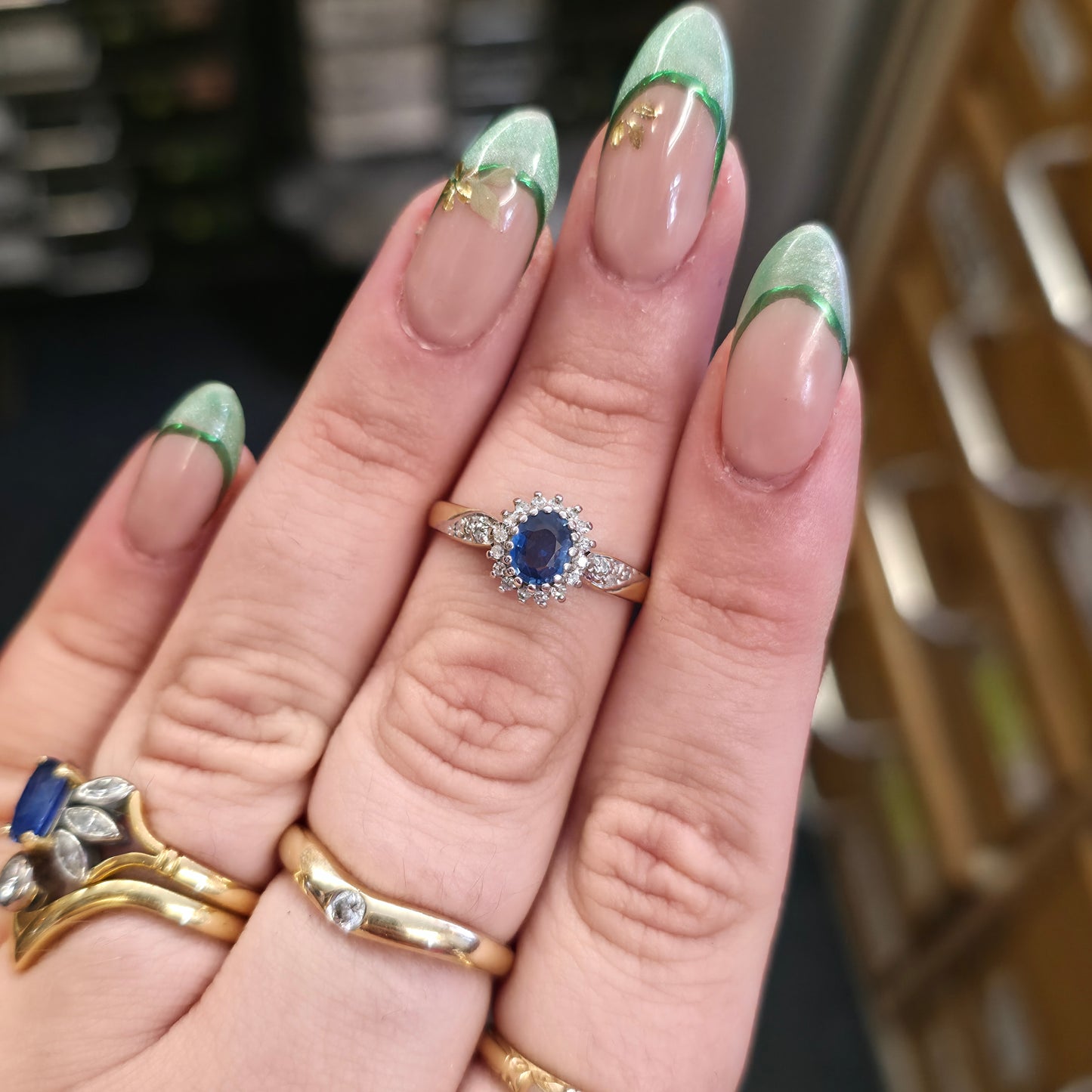 9ct Yellow Gold Vintage Sapphire And Diamond Cluster With Diamond Shoulder Ring