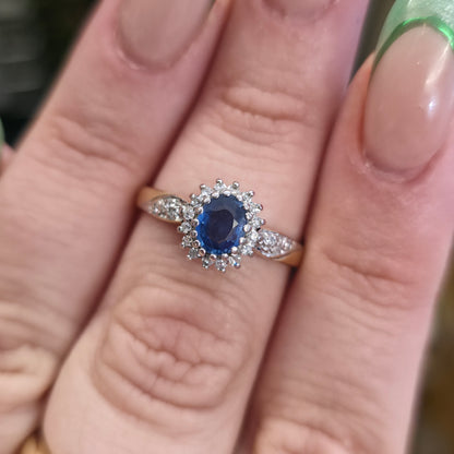 9ct Yellow Gold Vintage Sapphire And Diamond Cluster With Diamond Shoulder Ring