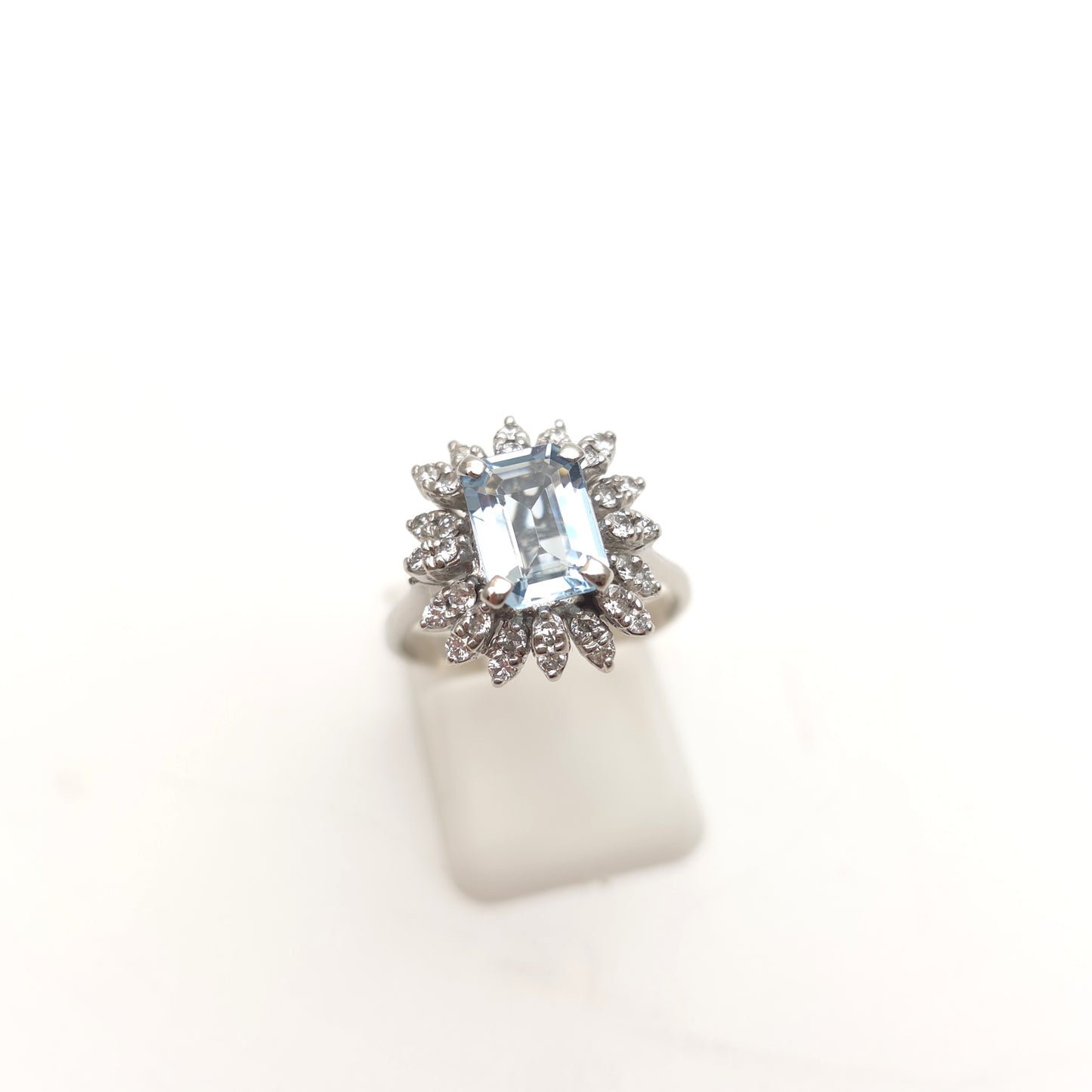 18ct White Gold Vintage Emerald Cut Aquamarine and Diamond Cluster Ring