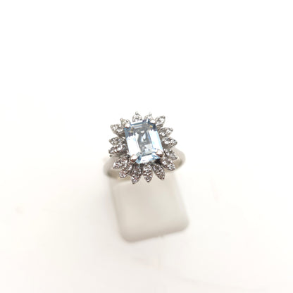 18ct White Gold Vintage Emerald Cut Aquamarine and Diamond Cluster Ring