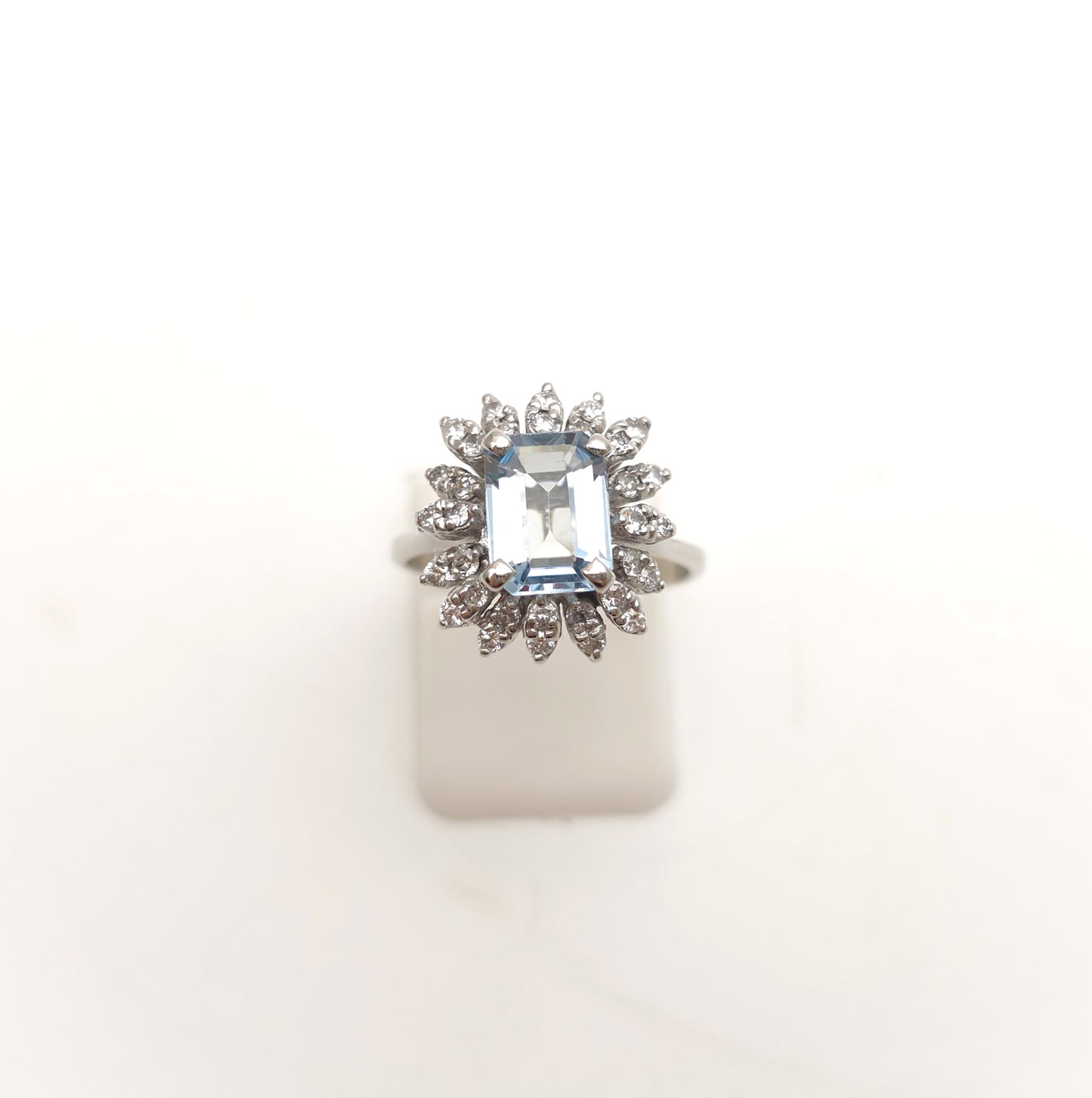 18ct White Gold Vintage Emerald Cut Aquamarine and Diamond Cluster Ring