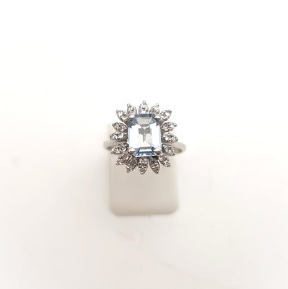 18ct White Gold Vintage Emerald Cut Aquamarine and Diamond Cluster Ring