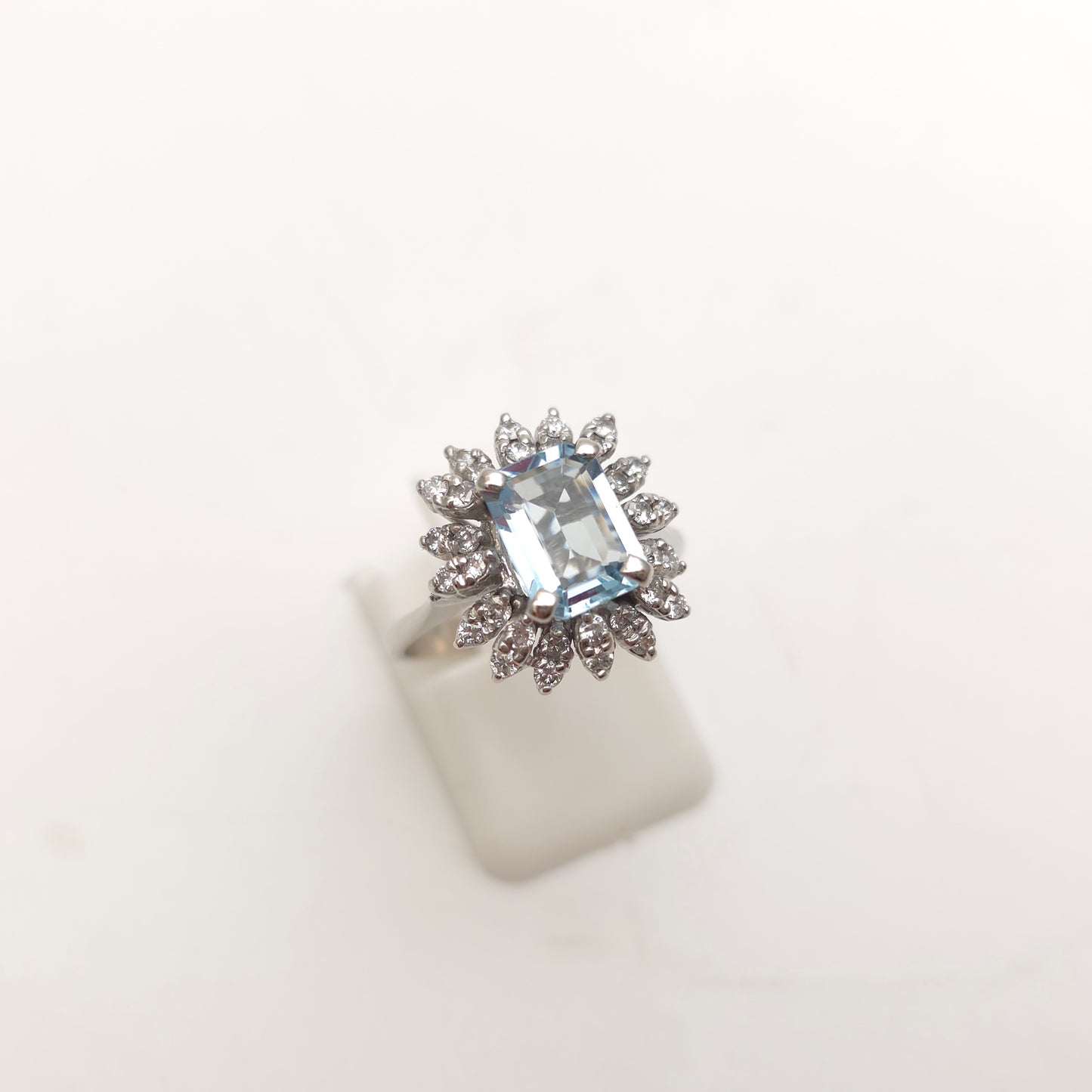 18ct White Gold Vintage Emerald Cut Aquamarine and Diamond Cluster Ring