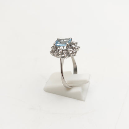 18ct White Gold Vintage Emerald Cut Aquamarine and Diamond Cluster Ring