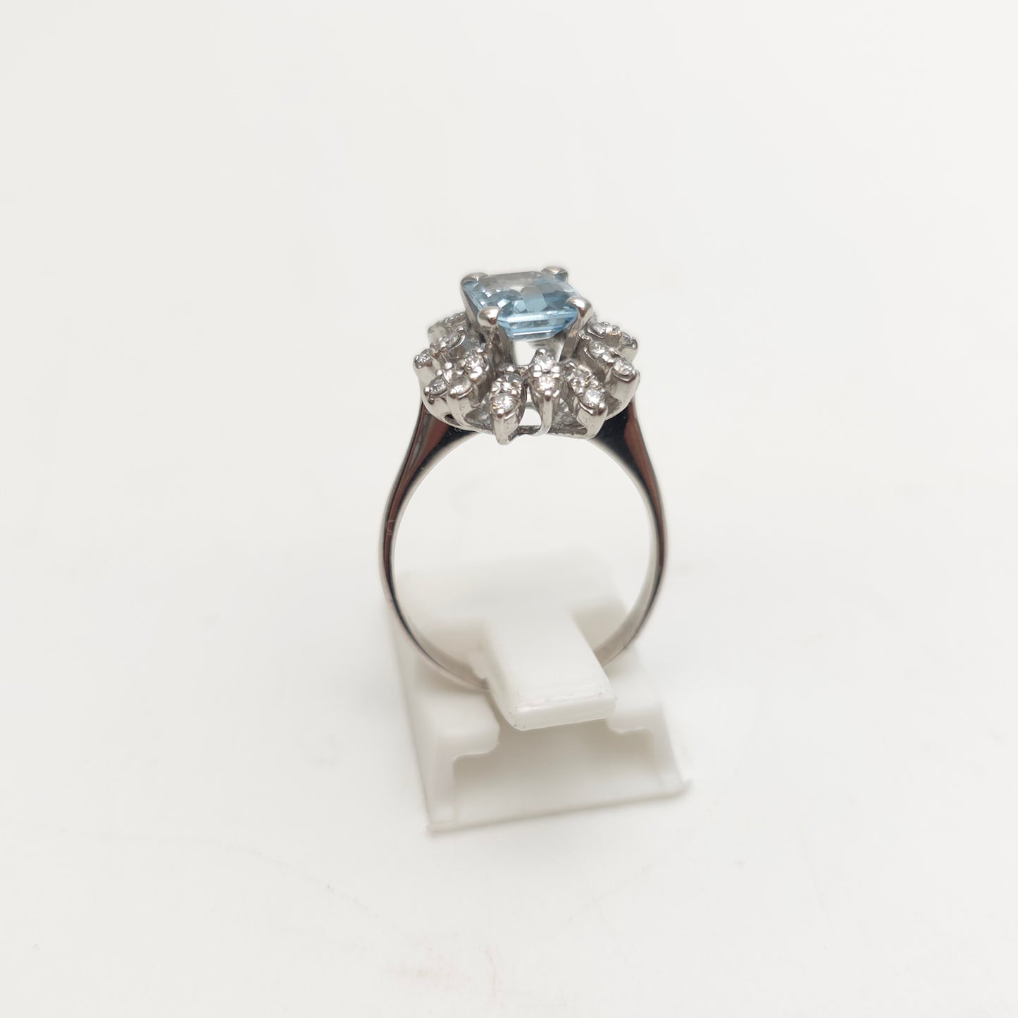 18ct White Gold Vintage Emerald Cut Aquamarine and Diamond Cluster Ring