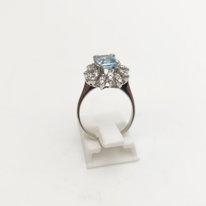 18ct White Gold Vintage Emerald Cut Aquamarine and Diamond Cluster Ring