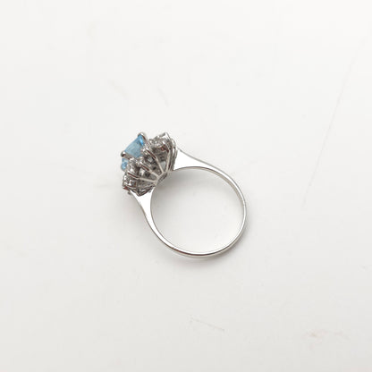 18ct White Gold Vintage Emerald Cut Aquamarine and Diamond Cluster Ring