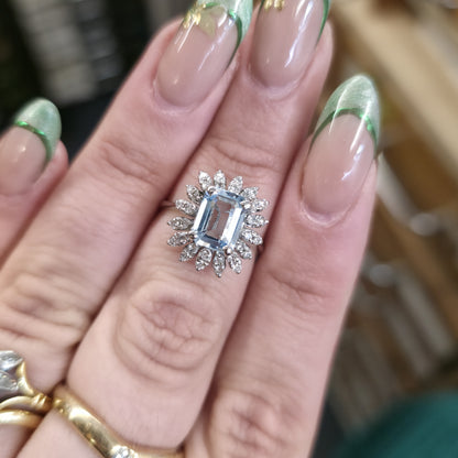 18ct White Gold Vintage Emerald Cut Aquamarine and Diamond Cluster Ring