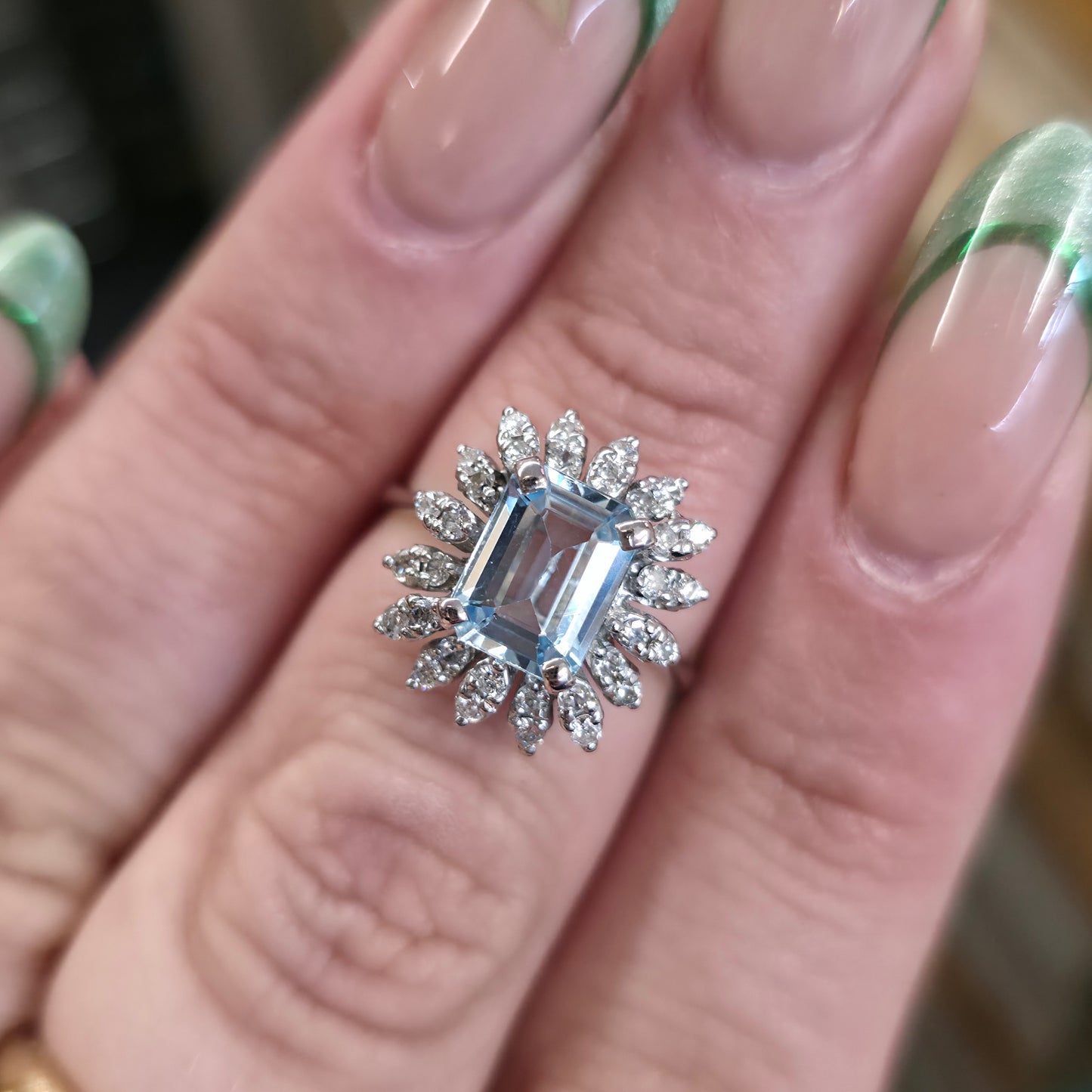 18ct White Gold Vintage Emerald Cut Aquamarine and Diamond Cluster Ring
