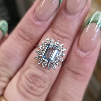 18ct White Gold Vintage Emerald Cut Aquamarine and Diamond Cluster Ring