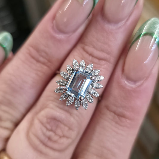 18ct White Gold Vintage Emerald Cut Aquamarine and Diamond Cluster Ring