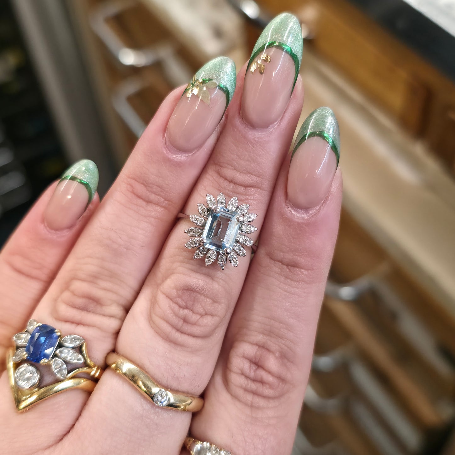 18ct White Gold Vintage Emerald Cut Aquamarine and Diamond Cluster Ring