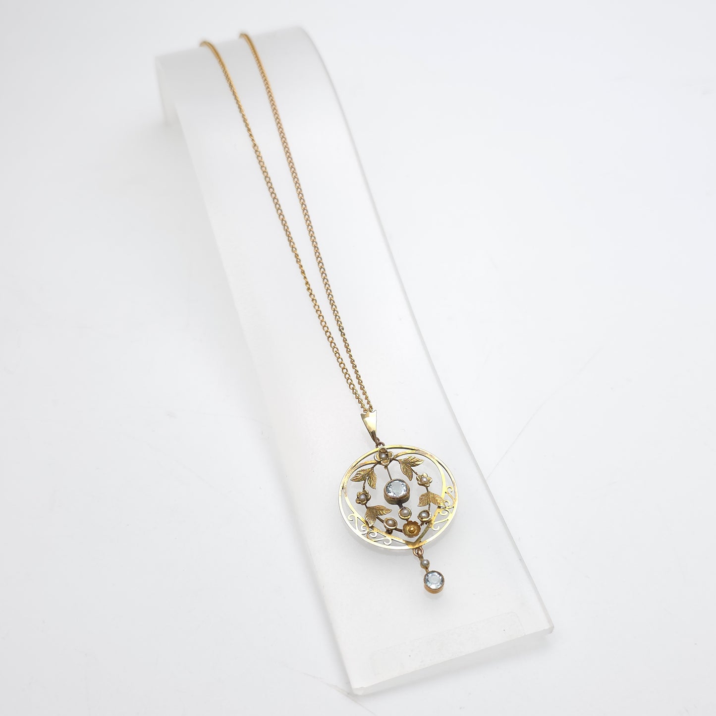 9ct Yellow Gold Antique Floral / Foliate Blue Stone And Seed Pearl Necklace