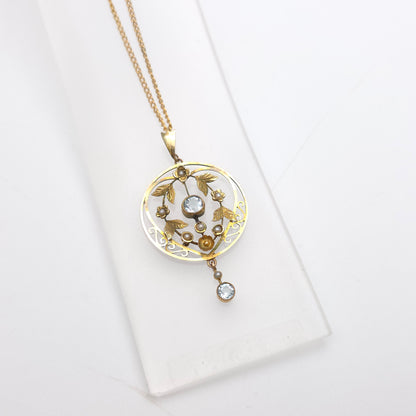 9ct Yellow Gold Antique Floral / Foliate Blue Stone And Seed Pearl Necklace