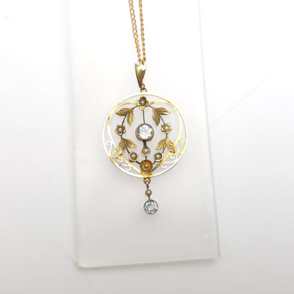 9ct Yellow Gold Antique Floral / Foliate Blue Stone And Seed Pearl Necklace