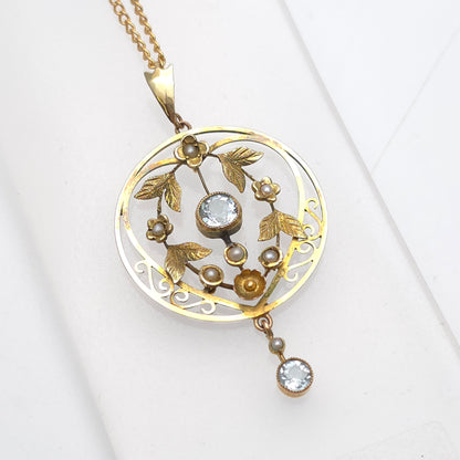 9ct Yellow Gold Antique Floral / Foliate Blue Stone And Seed Pearl Necklace