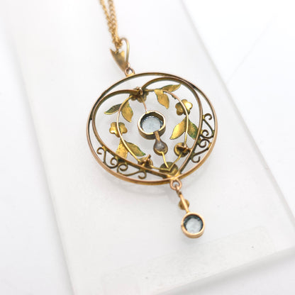 9ct Yellow Gold Antique Floral / Foliate Blue Stone And Seed Pearl Necklace