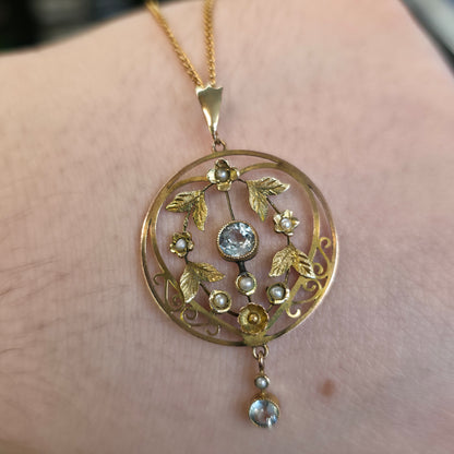 9ct Yellow Gold Antique Floral / Foliate Blue Stone And Seed Pearl Necklace