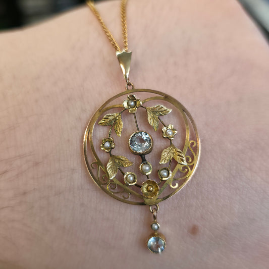 9ct Yellow Gold Antique Floral / Foliate Blue Stone And Seed Pearl Necklace