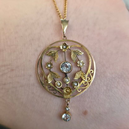 9ct Yellow Gold Antique Floral / Foliate Blue Stone And Seed Pearl Necklace