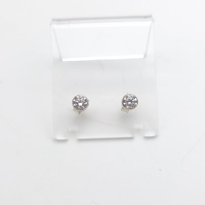 9ct White Gold Simple Collet / Bezel Set White Stone Solitaire Stud Earrings
