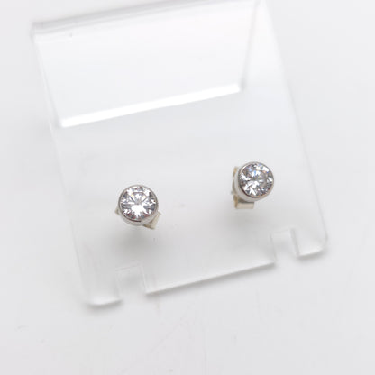 9ct White Gold Simple Collet / Bezel Set White Stone Solitaire Stud Earrings