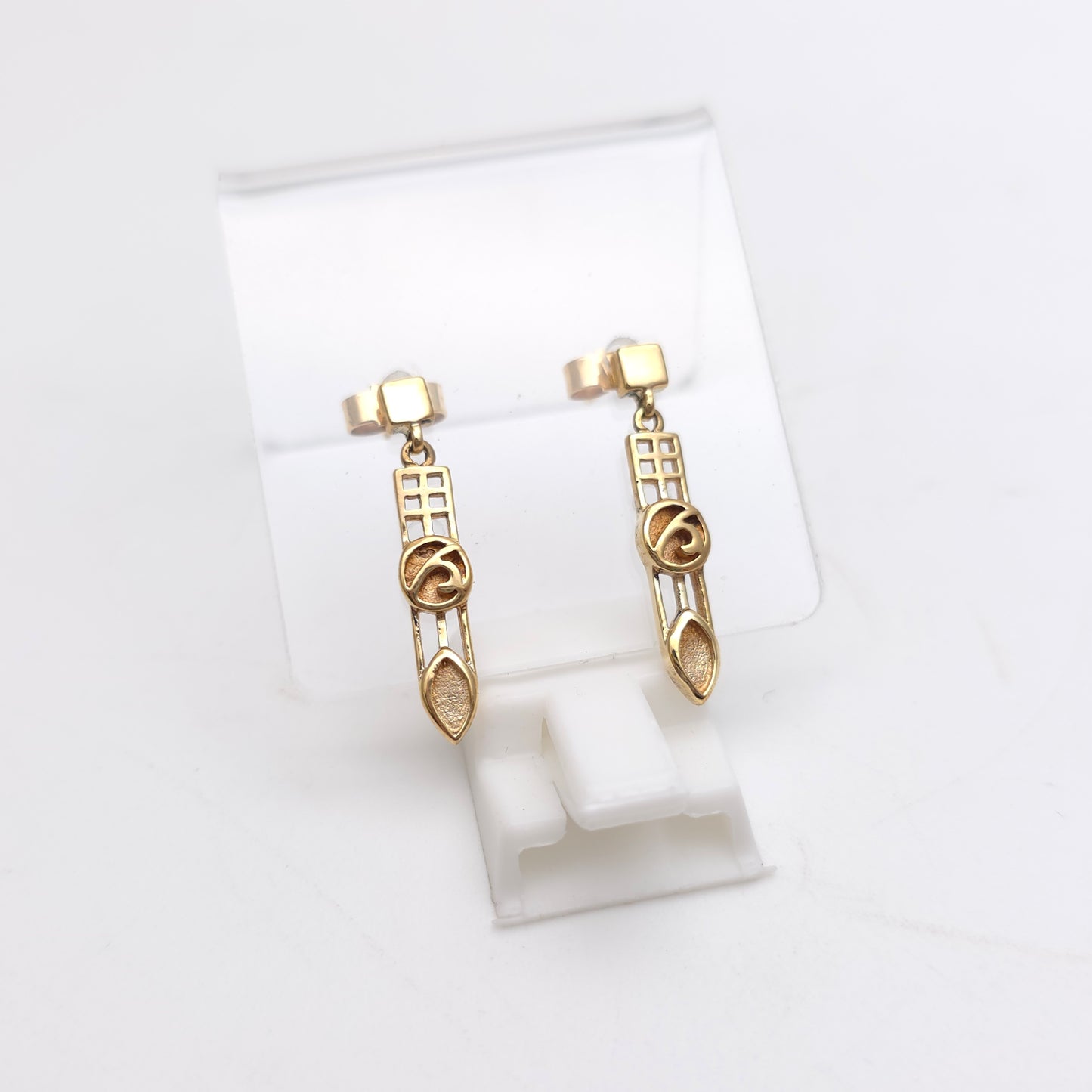 9ct Yellow Gold Vintage Cut Out Mackintosh Style Rose Window Drop Earrings