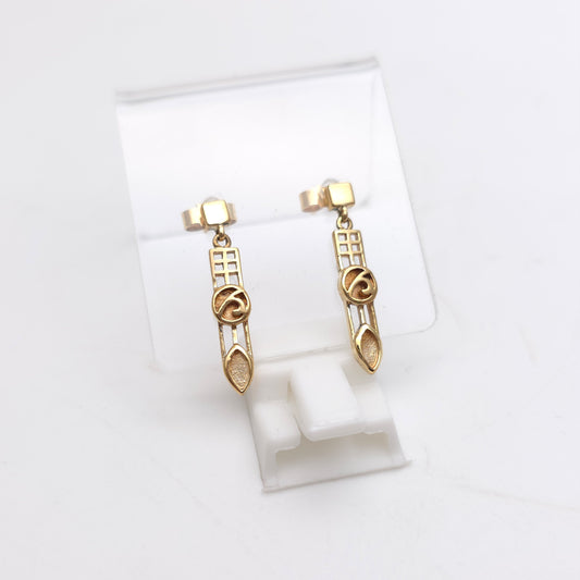 9ct Yellow Gold Vintage Cut Out Mackintosh Style Rose Window Drop Earrings