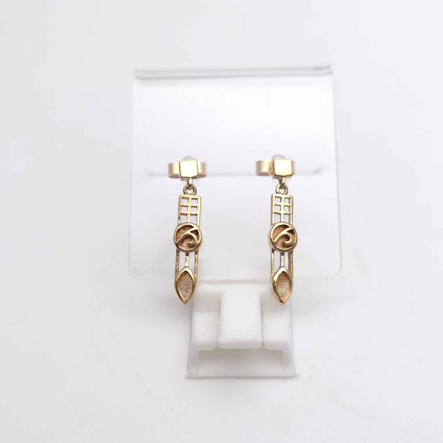 9ct Yellow Gold Vintage Cut Out Mackintosh Style Rose Window Drop Earrings