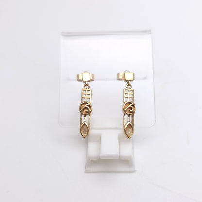 9ct Yellow Gold Vintage Cut Out Mackintosh Style Rose Window Drop Earrings