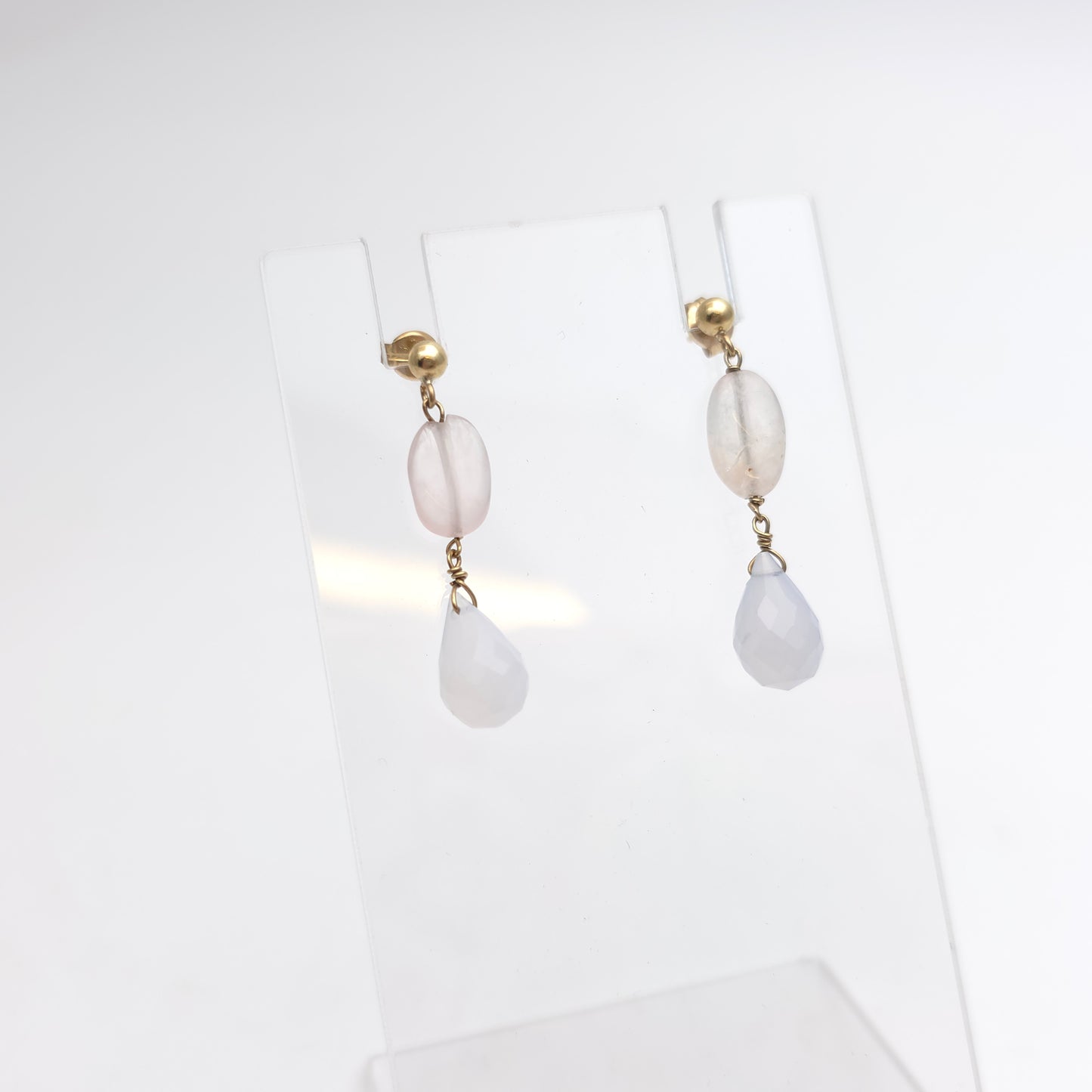 9ct Yellow Gold Vintage Rose Quartz Bead Drop Earrings