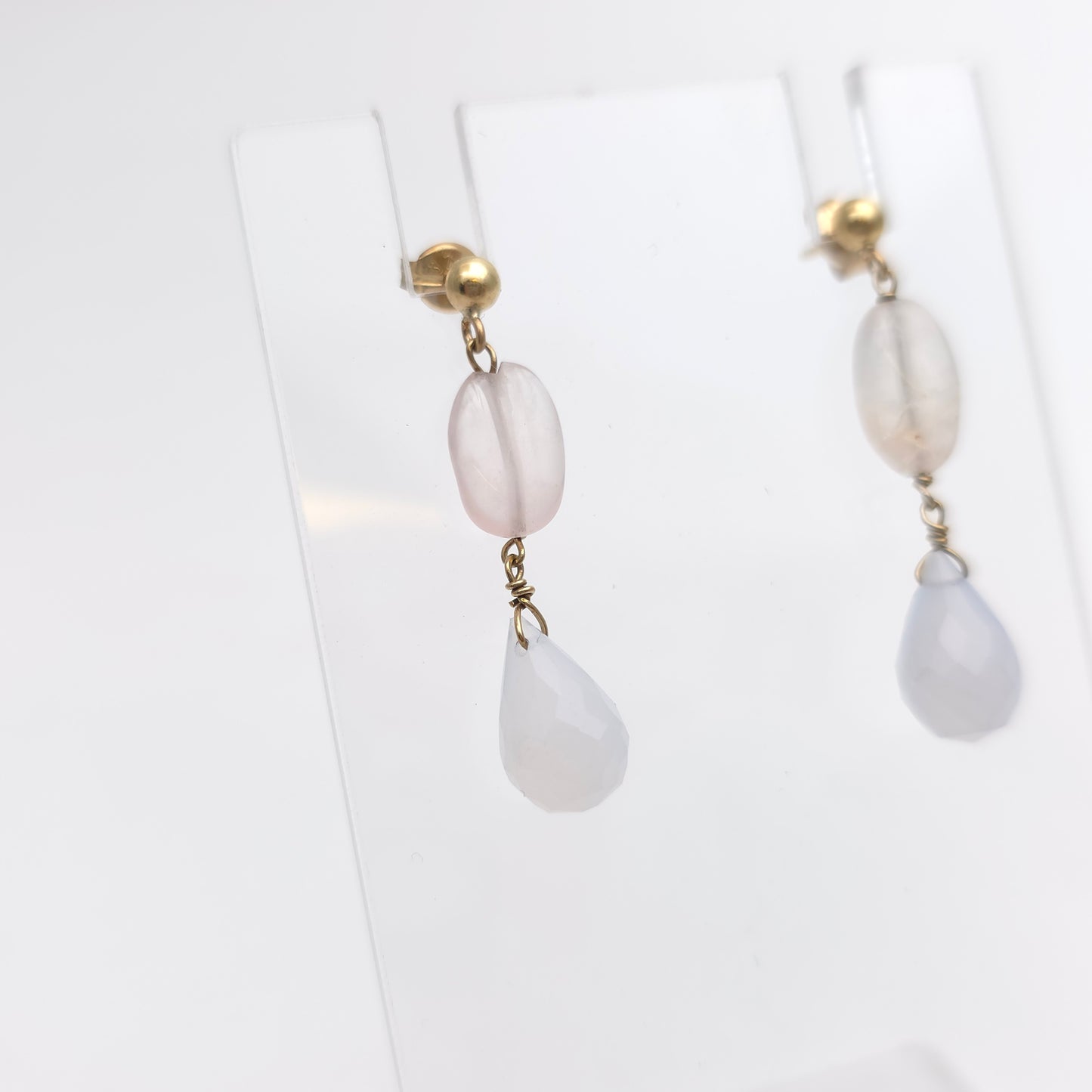 9ct Yellow Gold Vintage Rose Quartz Bead Drop Earrings
