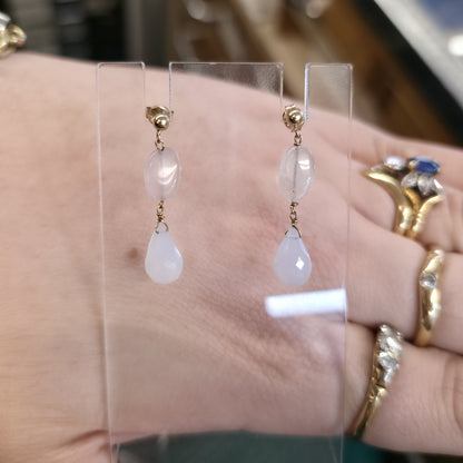 9ct Yellow Gold Vintage Rose Quartz Bead Drop Earrings