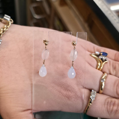 9ct Yellow Gold Vintage Rose Quartz Bead Drop Earrings